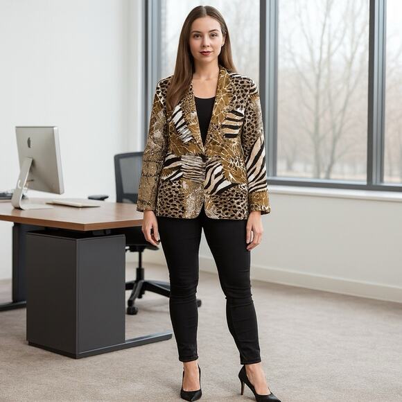 Chico's Blazer Women's Sz 2 (Large) Animal Print Single Button Softshell Career - Picture 1 of 6